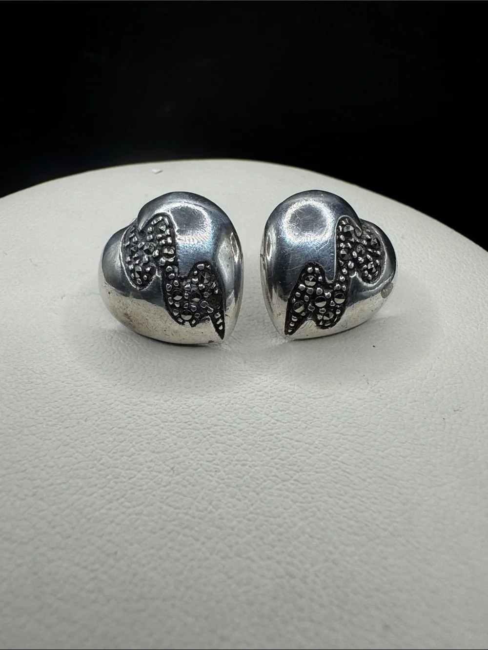 Silver Heart Stud Earrings with Black Accent Detailing